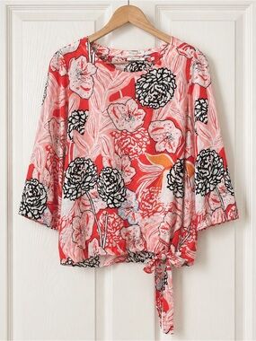 Christian Berg Woman Blouse M Floral Tie Side Pure Linen Multicolor